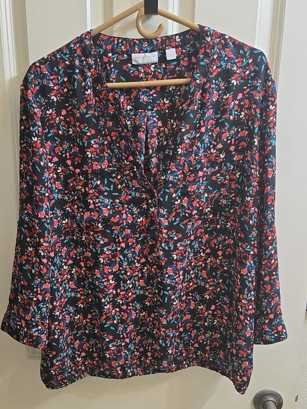 Floral V-Neck Blouse in Black with Pink & Teal Accents